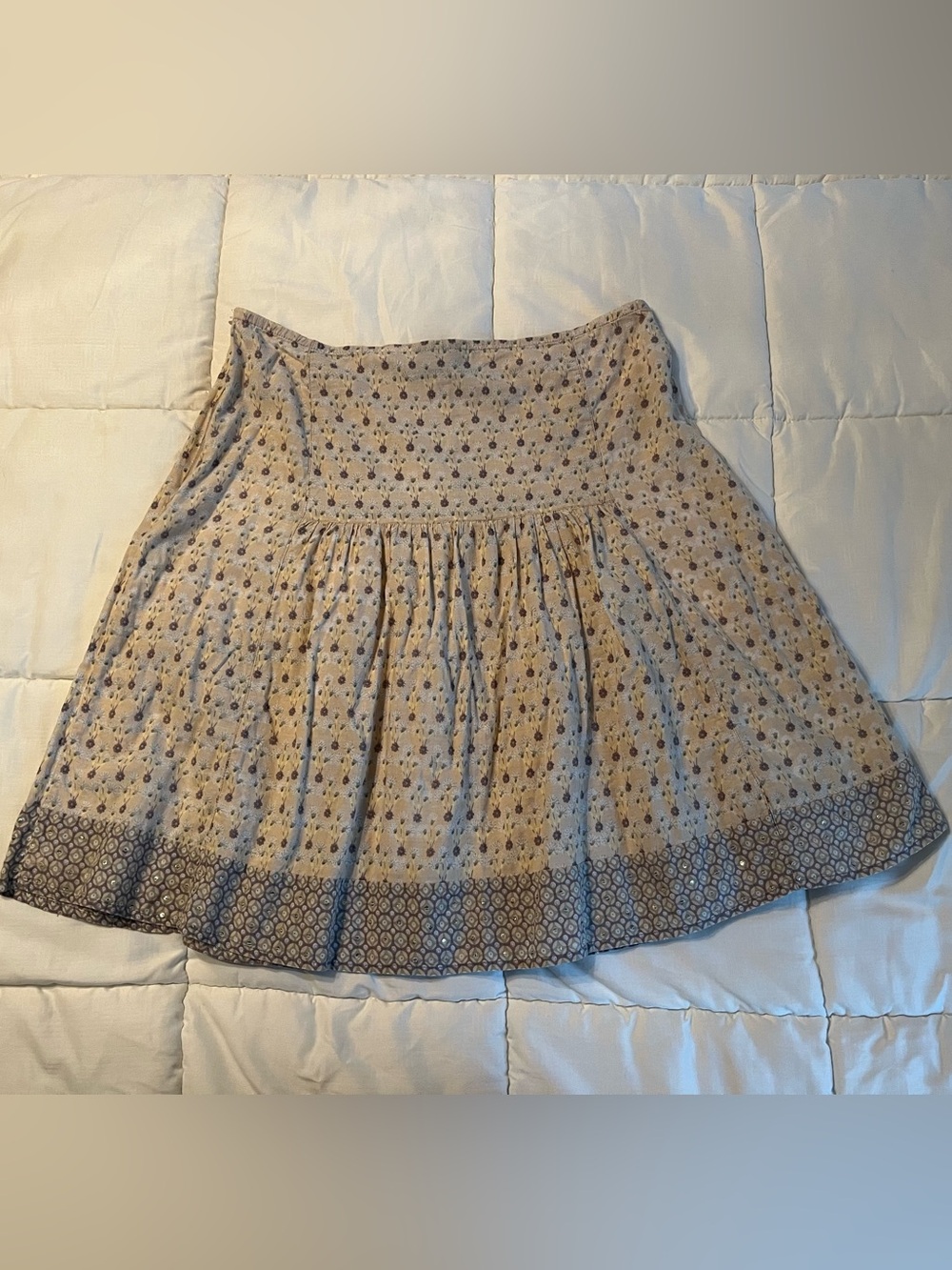 Boho Floral Midi Summer Skirt - Medium - Beige, Soft Yellow, Purple & Sage